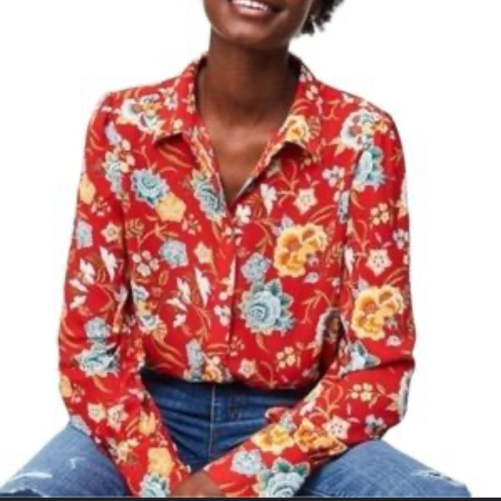 LOFT Red Floral Button Down Shirt